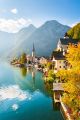 Famous Old Alpine Village with Spectacular Misty Lake and Wooden Houses in Austria Canvas Print