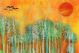 Green Trees on Yellow Background with Rising Sun and Flying Birds Canvas Print