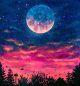 Starry sky, Beautiful Pink Purple Sunset and Moon Over the Night City Canvas Print