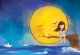 Girl Sitting on Tree Branches Yellow Giant Full Moon Starry Night Sky Canvas Print